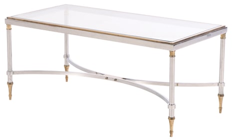 BRASS AND STEEL GLASS TOP COFFEE TABLE IN THE MANNER OF JANSEN C 1970.