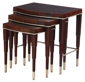 ART DECO STYLE MAHOGANY METAL MOUNTED NEST OF TABLES HAVING FAUX OSTRICH TOPS.