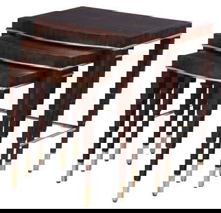 ART DECO STYLE MAHOGANY METAL MOUNTED NEST OF TABLES HAVING FAUX OSTRICH TOPS.: Art Deco style mahogany metal mounted nest of tables having faux ostrich tops. Medium table- Ht: 21.25", Wd: 19.5", Dpth: 14.5". Small table- Ht: 19", Wd: 15.25", Dpth: 14". Ht: 23.5" Wd: 23.5" Dpth: