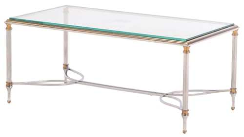 BRASS AND STEEL GLASS TOP COFFEE TABLE IN THE MANNER OF JANSEN C 1970.