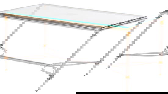 BRASS AND STEEL GLASS TOP COFFEE TABLE IN THE MANNER OF JANSEN C 1970.: Brass and steel glass top coffee table in the manner of Jansen C 1970. Ht: 17.25" Wd: 40.25" Dpth: 20.75"