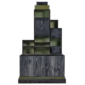 PAUL FRANKL STYLE SKYSCRAPER BOOKCASE IN BLACK CERUSED OAK WITH A GREEN BACKGROUND. IN TWO