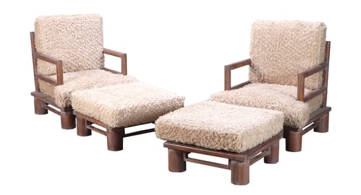 A PAIR OF CERUSED OAK DOWEL CHAIRS UPHOLSTERED IN FAUX SHEEP SKIN FABRIC. OTTOMANS OFFERED IN