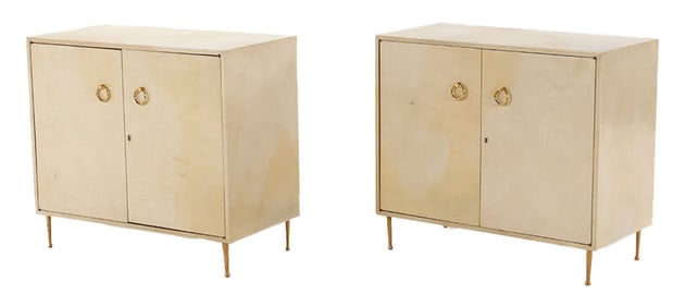 PAIR TWO DOOR PARCHMENT COVERED CABINETS C 1950 HAVING BRONZE LEGS IN THE MANNER OF SAMUEL MARX