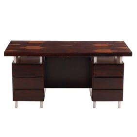 BRAZILIAN ROSEWOOD AND CHROME DOUBLE PEDESTAL DESK C 1960.