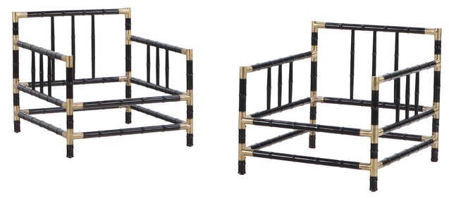 PAIR FAUX BAMBOO WOOD AND BRASS ARM CHAIRS IN THE MANNER OF BILLY HAINES C 1970.