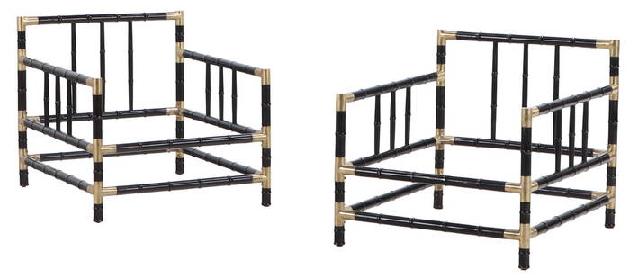 PAIR FAUX BAMBOO WOOD AND BRASS ARM CHAIRS IN THE MANNER OF BILLY HAINES C 1970.: Pair faux bamboo wood and brass arm chairs in the manner of Billy Haines C 1970. Ht: 24.25" Wd: 25.25" Dpth: 29.25" Seat: 10"