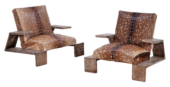 PAIR OF CERUSED OAK AND DEER HIDE ARM CHAIRS ORIGINALLY DESIGNED BY JEAN-MICHEL FRANK FOR THE