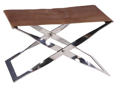 CHROMED IRON FOLDING STOOL WITH LEATHER UPHOLSTERY C 1970.