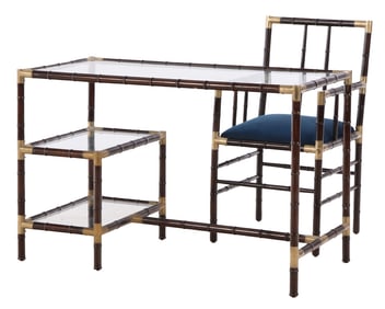 A WOOD, BRASS AND GLASS FAUX BAMBOO WRITING DESK WITH MATCHING CHAIR C 1970 IN THE MANNER OF BILLY