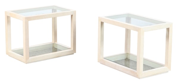 PAIR RECTILINEAR PARCHMENT COVERED AND GLASS TWO TIER END TABLES C 1975.
