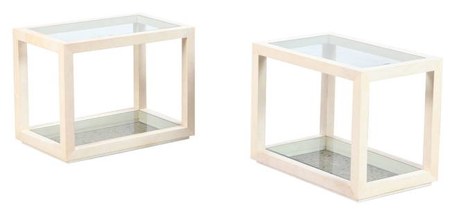 PAIR RECTILINEAR PARCHMENT COVERED AND GLASS TWO TIER END TABLES C 1975.: Pair rectilinear parchment covered and glass two tier end tables C 1975. Ht: 21.75" Wd: 27.5" Dpth: 17.5"