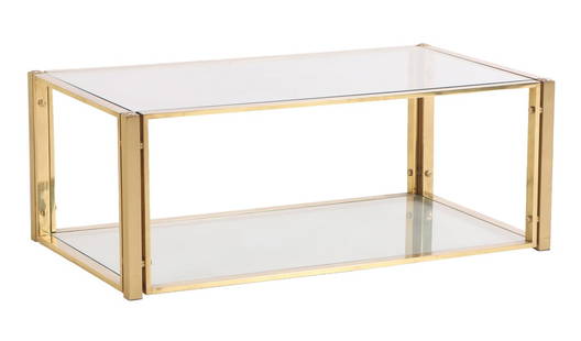 BRASS AND GLASS TWO TIER COFFEE TABLE C 1960 WITH BRONZE BOLT DECORATION.: Brass and glass two tier coffee table C 1960 with bronze bolt decoration. Ht: 16.25" Wd: 43.25" Dpth: 23.25"