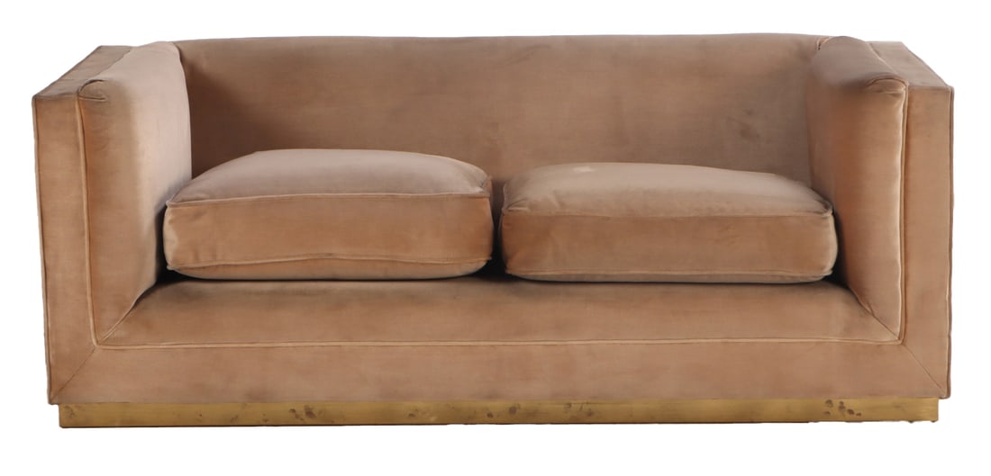 AN ELEGANT UPHOLSTERED SOFA WITH DOWN FILLED CUSHIONS AND BRASS TRIM C 1960.: An elegant upholstered sofa with down filled cushions and brass trim C 1960. Ht: 25" Wd: 63.5" Dpth: 33.5" Seat: 17"