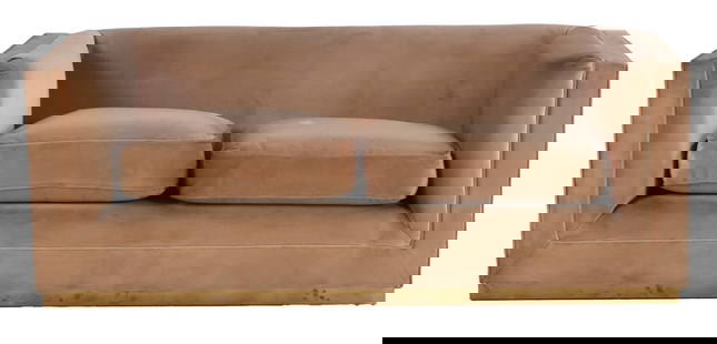 AN ELEGANT UPHOLSTERED SOFA WITH DOWN FILLED CUSHIONS AND BRASS TRIM C 1960.: An elegant upholstered sofa with down filled cushions and brass trim C 1960. Ht: 25" Wd: 63.5" Dpth: 33.5" Seat: 17"