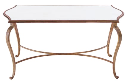 FRENCH GILT IRON AND MIRROR COFFEE TABLE C 1945 ATTRIBUTED TO MAISON RAMSAY.
