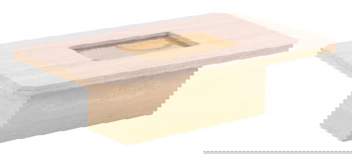 TRAVERTINE COFFEE TABLE WITH 24K GOLD PLATED PLAQUE BY GEORGE MATHIAS, BELGIUM SIGNED MAHO: Travertine coffee table with 24k gold plated plaque by George Mathias, Belgium signed Maho designs. Ht: 14" Wd: 51" Dpth: 31.5"