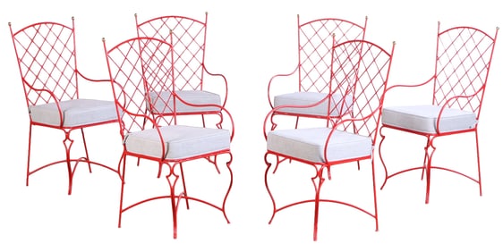 SIX PAINTED IRON AND BRASS ARM CHAIRS IN THE MANNER OF MARIO PAPPARZINI