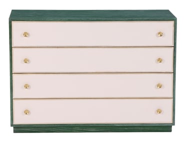FOUR DRAWER DRESSER HAVING GILT TOOLED LEATHER DRAWER FRONTS IN A GREEN TINTED OAK CASE IN THE