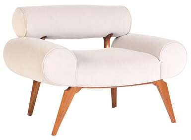 A LOW SLUNG UPHOLSTERED LOUNGE CHAIR IN THE MANNER OF JEAN ROYERE WITH NEW FABRIC.