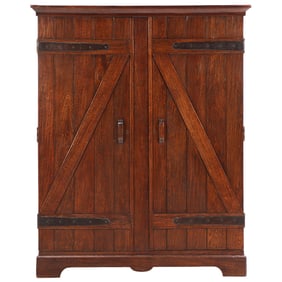 A MODERN RUSTIC OAK TWO DRAWER CABINET WITH IRON HINGES AND FITTED INTERIOR C 1960.