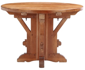 ROUND FRENCH OAK BRUTALIST STYLE TABLE OF ARCHITECTURAL FORM C 1950.