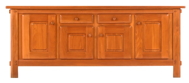 A FRENCH ELM FOUR DOOR SIDEBOARD ATTRIBUTED TO MAISON REGAIN C 1960.