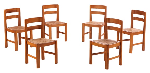 SIX FRENCH ELM DINING CHAIRS BY MAISON REGAIN HAVING RUSH SEATS C 1960.
