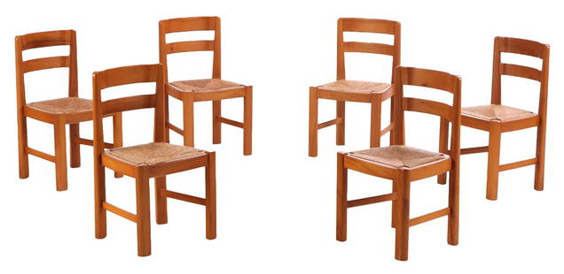 SIX FRENCH ELM DINING CHAIRS BY MAISON REGAIN HAVING RUSH SEATS C 1960.: Six French elm dining chairs by Maison Regain having rush seats C 1960. Ht: 32.5" Wd: 19" Dpth: 17.5" Seat: 17"