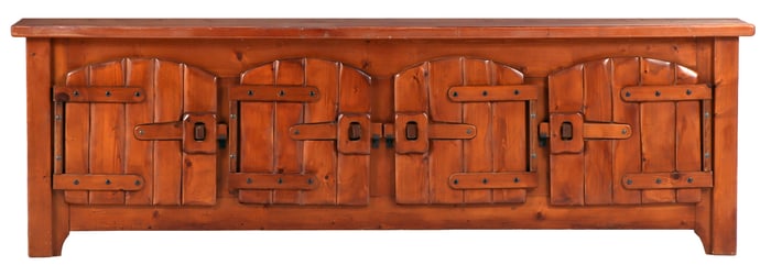FOUR DOOR FRENCH PINE SIDEBOARD IN THE BRUTALIST STYLE C 1960.
