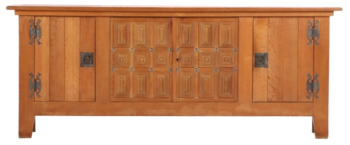 FRENCH OAK FOUR DOOR SIDEBOARD IN THE BRUTALIST STYLE WITH METAL MOUNTS C 1940