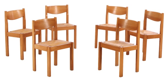 SIX FRENCH CHERRY DINING CHAIRS WITH RUSH SEATS ATTRIBUTED TO MAISON REGAIN C 1970.