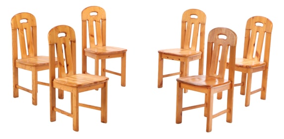 SIX FRENCH PINE BRUTALIST STYLE DINING CHAIRS C 1965.