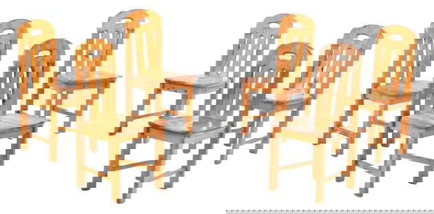 SIX FRENCH PINE BRUTALIST STYLE DINING CHAIRS C 1965.: Six French pine brutalist style dining chairs C 1965. Ht: 37.75" Wd: 18" Dpth: 21" Seat: 18.5"