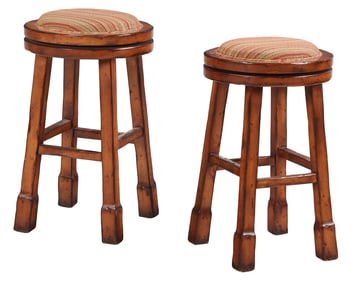 PRIMITIVE PAIR OF BAR STOOLS WITH UPHOLSTERED TOPS.