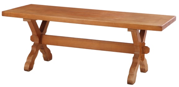 BRUTALIST STYLE FRENCH OAK TABLE WITH X FORM BASE C 1960. DISMANTLES FOR TRANSPORT.