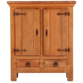 BRUTALIST STYLE FRENCH OAK CABINET WITH IRON MOUNTS AND STRIATED DOOR PANELS C 1960.