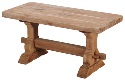SUBSTANTIAL FRENCH OAK BENCH OR COFFEE TABLE WITH MORTIS AND TENON CONSTRUCTION C 1945.