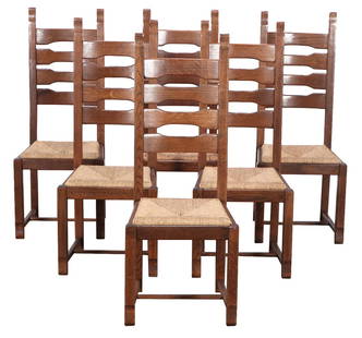 SIX FRENCH TALL BACK OAK AND RUSH BRUTALIST STYLE DINING CHAIRS C 1950.: Six French tall back oak and rush Brutalist style dining chairs C 1950. Ht: 45" Wd: 18" Dpth: 19" Seat: 17.5"