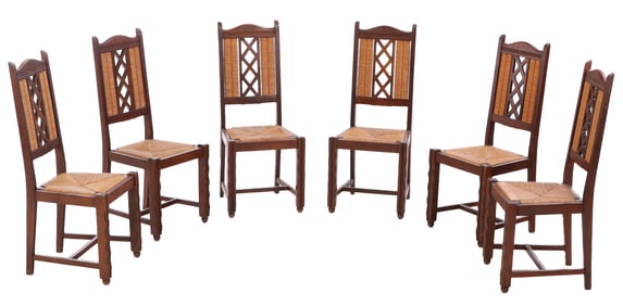 SIX FRENCH OAK AND RUSH SEAT DINING CHAIRS C 1940.