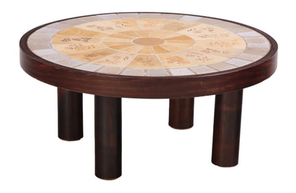 FRENCH ROUND TILE TOP COFFEE TABLE ATTRIBUTED TO ROGER CAPRON C 1960.