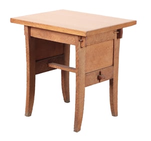 ONE OF TWO FRENCH GOUGE CARVED TABLE WITH MORTIS AND TENON CONSTRUCTION AND LAMINATE TOP C 1960.