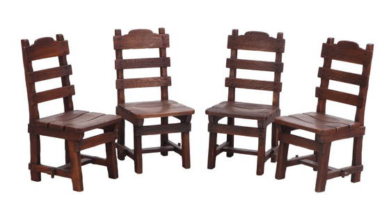 FOUR FRENCH  HEAVY OAK RUSTIC CHAIRS IN THE BRUTALIST STYLE WITH MORTIS AND TENON CONSTRUCTION: Four French heavy oak rustic chairs in the Brutalist style with mortis and tenon construction C 1940. Ht: 40" Wd: 19.25" Dpth: 21.25" Seat: 18"