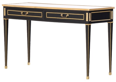 A JANSEN STYLE EBONIZED TWO DRAWER DESK HAVING MIRRORED TOP AND BRASS TRIM.