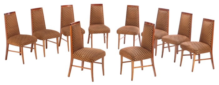 TEN UPHOLSTERED DINING CHAIRS WITH TAPERED BACKS IN THE MANNER OF ANDRE ARBUS C 1950.