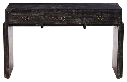 DARK CERUSED OAK WRITING DESK HAVING THREE DRAWERS AND PULL OUT SLIDES FOR ADDITIONAL SURFACE AREA.