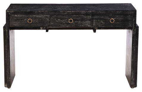 DARK CERUSED OAK WRITING DESK HAVING THREE DRAWERS AND PULL OUT SLIDES FOR ADDITIONAL SURFACE AREA.: Dark cerused oak writing desk having three drawers and pull out slides for additional surface area. Opens to a width of 81.75". Ht: 31.75" Wd: 51" Dpth: 21.5"