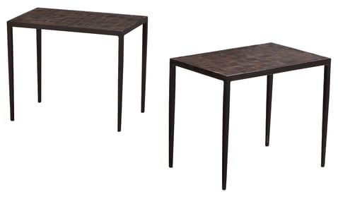 PAIR OF IRON AND MICA END TABLES HAVING A PATCHWORK DESIGN IN THE MANNER OF JEAN-MICHEL