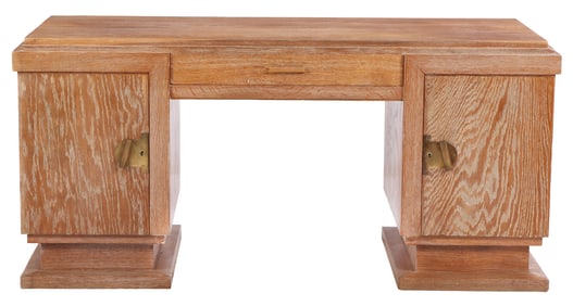 A FRENCH CERUSED OAK DOUBLE PEDESTAL DESK WITH BRONZE MOUNTS C 1945.