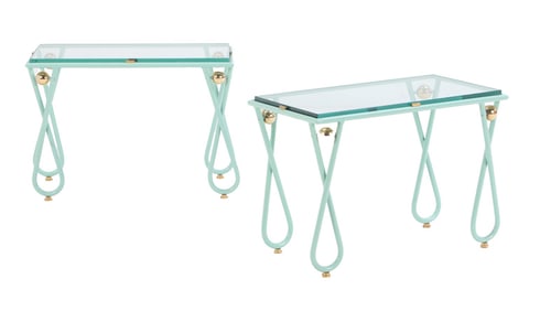 PAINTED IRON AND BRASS GLASS TOP END TABLES IN THE MANNER OF JEAN ROYERE.